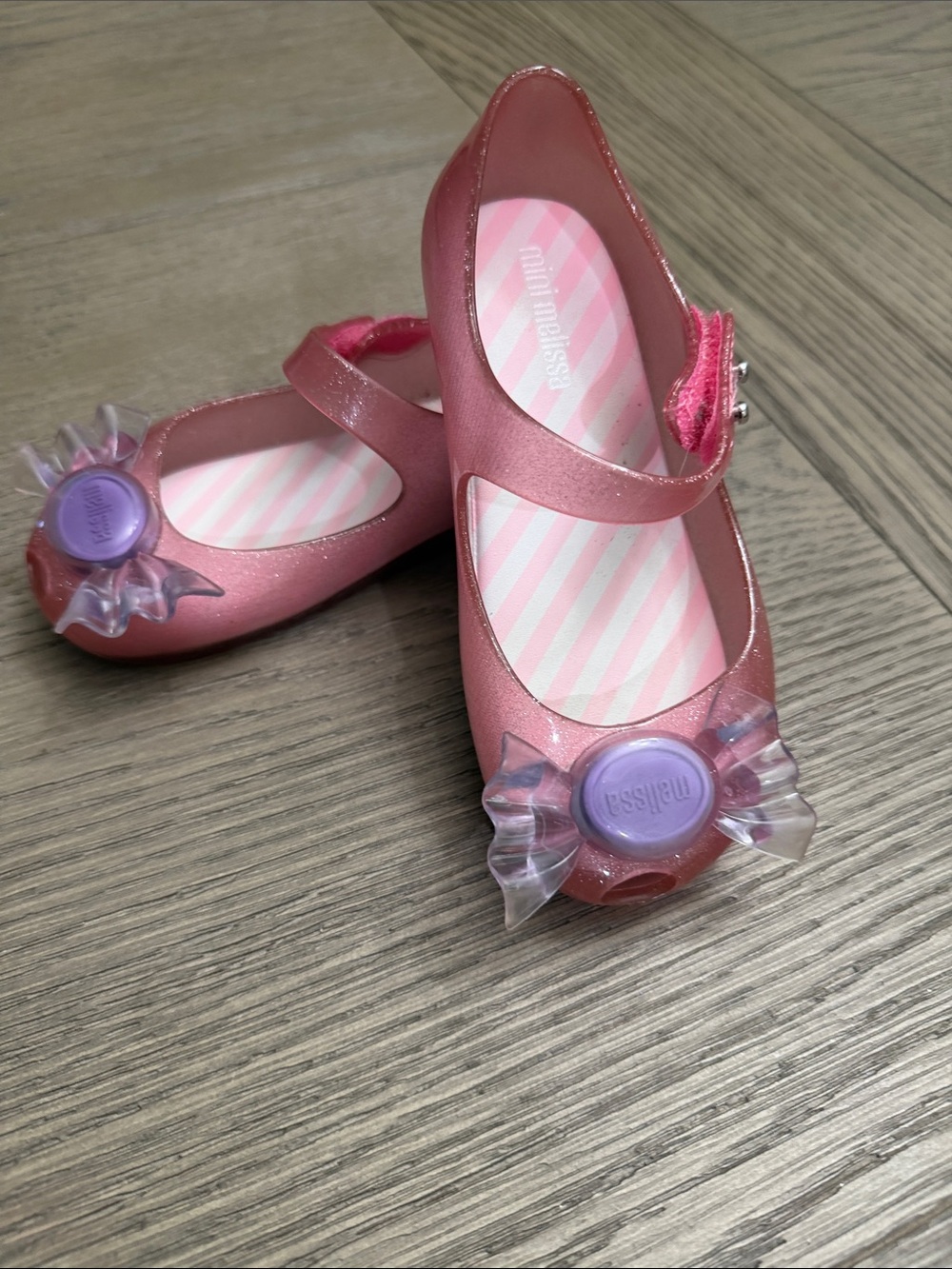 Mini Melissa Pink Sparkle Mary Jane Shoes with Purple Bow Accent